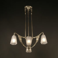 LUSTRE ART DÉCO BRONZE VIEIL ARGENT ET VERRE MOULÉ DÉPOLI BLANC