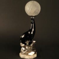 LAMPE VEILLEUSE OTARIE DE GEORGES BENOÎT, 1927, EN BRONZE, MARBRE ET VERRE MOULÉ-PRESSÉ CRAQUELÉ – Image 2