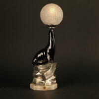 LAMPE VEILLEUSE OTARIE DE GEORGES BENOÎT, 1927, EN BRONZE, MARBRE ET VERRE MOULÉ-PRESSÉ CRAQUELÉ – Image 3