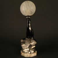 LAMPE VEILLEUSE OTARIE DE GEORGES BENOÎT, 1927, EN BRONZE, MARBRE ET VERRE MOULÉ-PRESSÉ CRAQUELÉ – Image 5