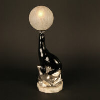 LAMPE VEILLEUSE OTARIE DE GEORGES BENOÎT, 1927, EN BRONZE, MARBRE ET VERRE MOULÉ-PRESSÉ CRAQUELÉ – Image 8