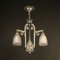 LUSTRE ART DÉCO "CROSSES DE FOUGÈRE" BRONZE ARGENTÉ ET VERRERIE DES VOSGES – Image 2