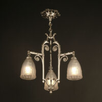 LUSTRE ART DÉCO "CROSSES DE FOUGÈRE" BRONZE ARGENTÉ ET VERRERIE DES VOSGES