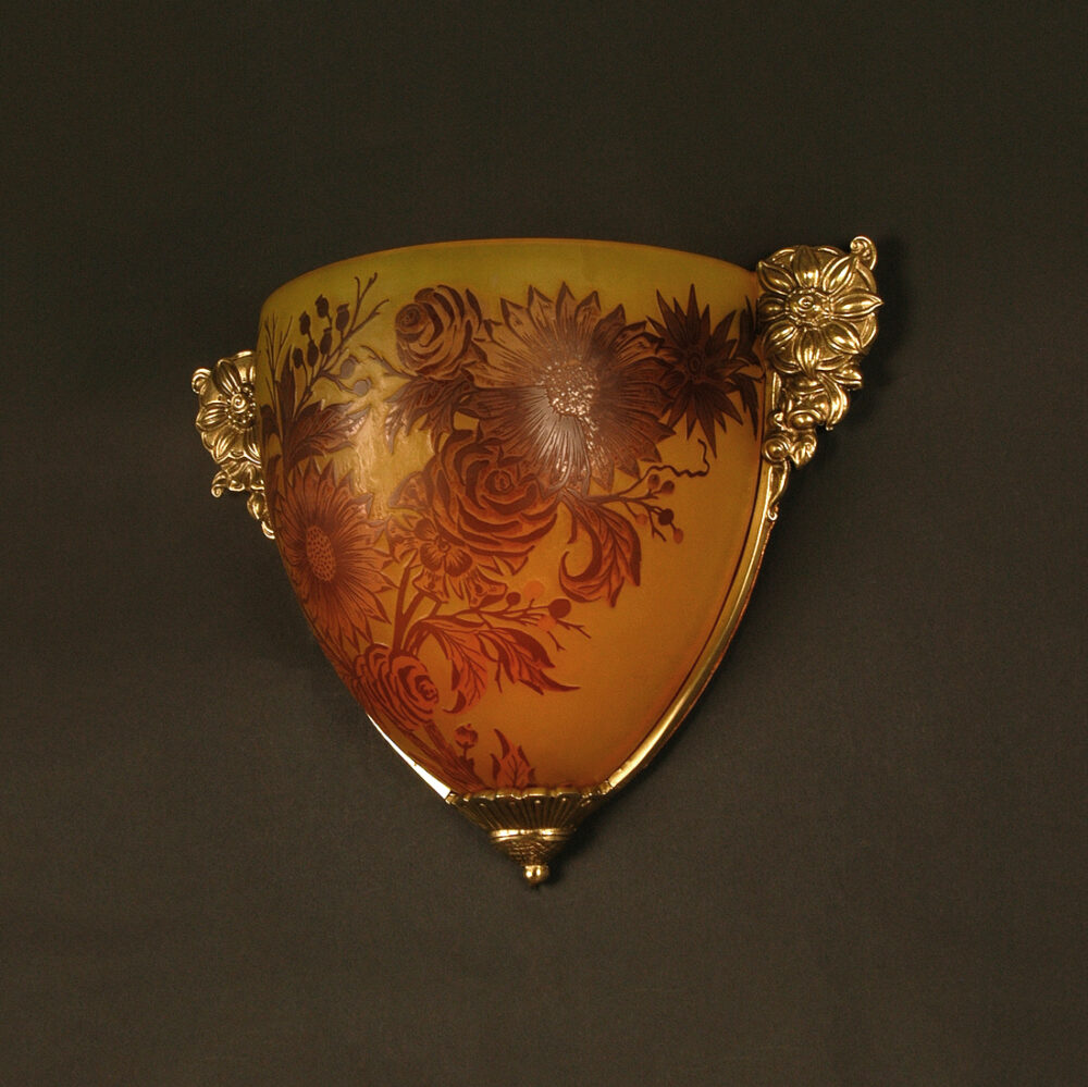 GRANDE APPLIQUE ART DÉCO BRONZE DORÉ ET PÂTE DE VERRE ÉMAILLÉ DÉCOR FLORAL – Image 2