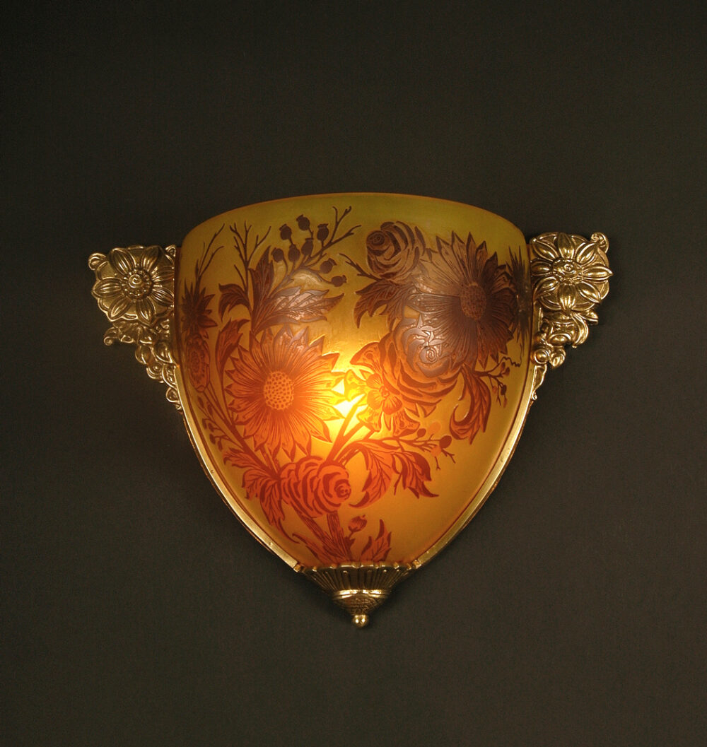 GRANDE APPLIQUE ART DÉCO BRONZE DORÉ ET PÂTE DE VERRE ÉMAILLÉ DÉCOR FLORAL