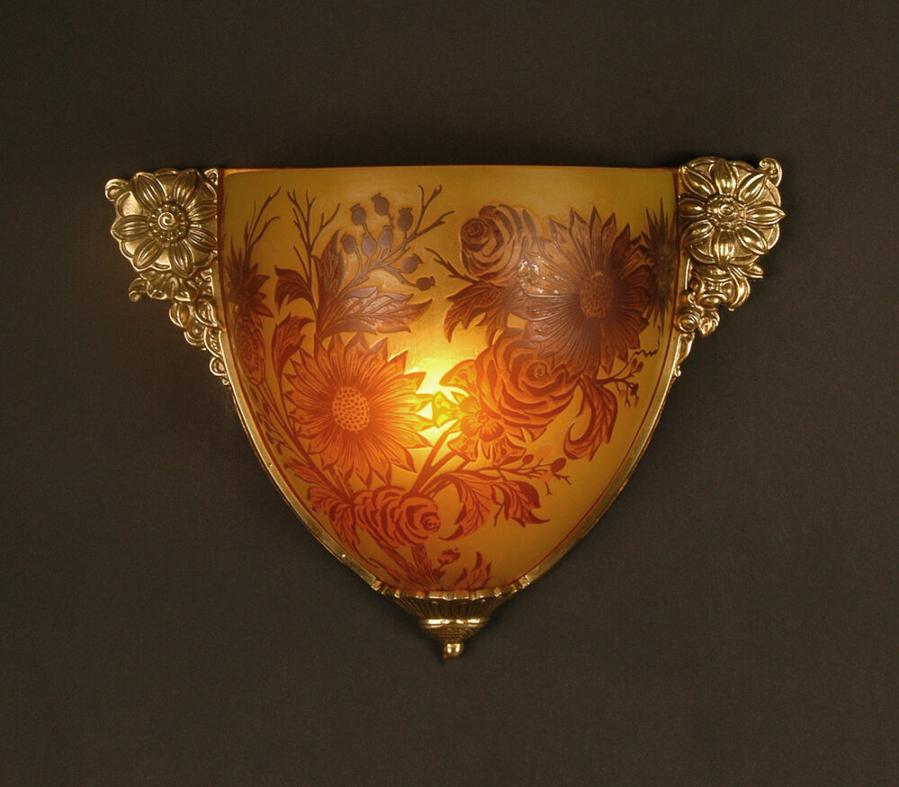 GRANDE APPLIQUE ART DÉCO BRONZE DORÉ ET PÂTE DE VERRE ÉMAILLÉ DÉCOR FLORAL – Image 12