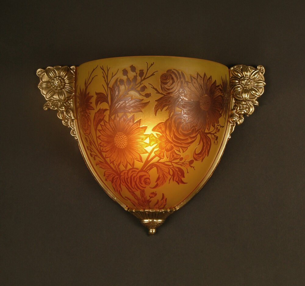 GRANDE APPLIQUE ART DÉCO BRONZE DORÉ ET PÂTE DE VERRE ÉMAILLÉ DÉCOR FLORAL – Image 6