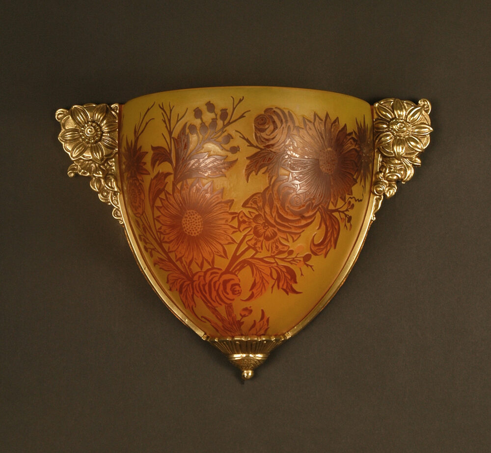 GRANDE APPLIQUE ART DÉCO BRONZE DORÉ ET PÂTE DE VERRE ÉMAILLÉ DÉCOR FLORAL – Image 7