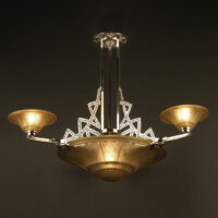 LUSTRE ART DÉCO MAURICE MODEL-CRISTALLERIE DE VERDUN BRONZE CHROMÉ ET VERRE MOULÉ-PRESSÉ – Image 5