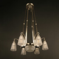 LUSTRE ART DÉCO LÉON HUGUE BRONZE ARGENTÉ ET VERRE MOULÉ-PRESSÉ DÉPOLI BLANC – Image 3