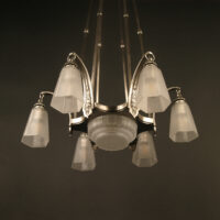 LUSTRE ART DÉCO LÉON HUGUE BRONZE ARGENTÉ ET VERRE MOULÉ-PRESSÉ DÉPOLI BLANC – Image 4