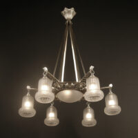 LUSTRE ART DÉCO LÉON BONVOISIN BRONZE ARGETÉ ET VERRE MOULÉ-PRESSÉ