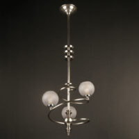 LUSTRE-SUSPENSION MODERNISTE ART DÉCO EN SPIRALE BRONZE ARGENTÉ ET VERRE MOULÉ – Image 2