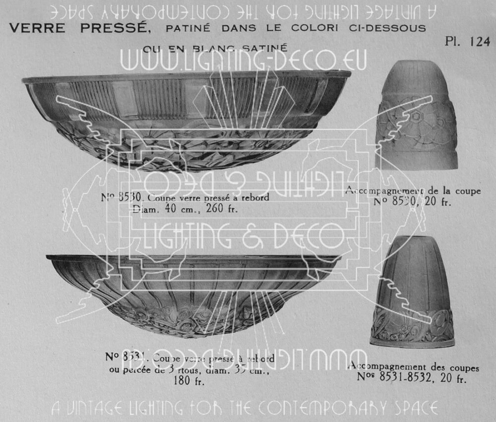ETS L. ELIOT-VERRERIE DES HANOTS : LUSTRE ART DÉCO BRONZE ARGENTÉ ET VERRE MOULÉ-PRESSÉ – Image 15