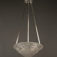 SUSPENSION-VASQUE ART DÉCO BRONZE ARGENTÉ ET VERRE MOULÉ-PRESSÉ DÉPOLI BLANC – Image 4