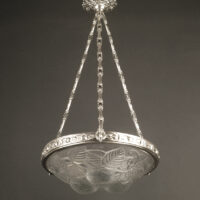 HUDRY/ARVERS/DELATTE : SUSPENSION ART DECO LAITON, BRONZE ET VERRE MOULÉ-PRESSÉ
