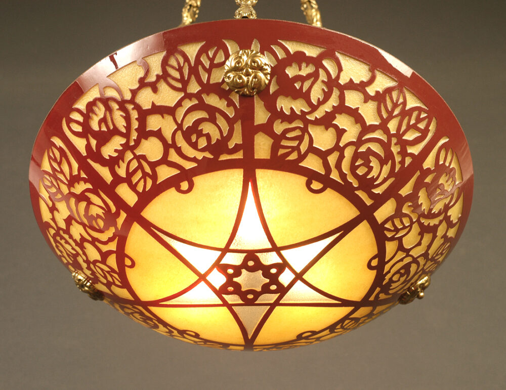 SUSPENSION VASQUE ART DÉCO BRONZE, LAITON ET VERRE PEINT ÉMAILLÉ – Image 2