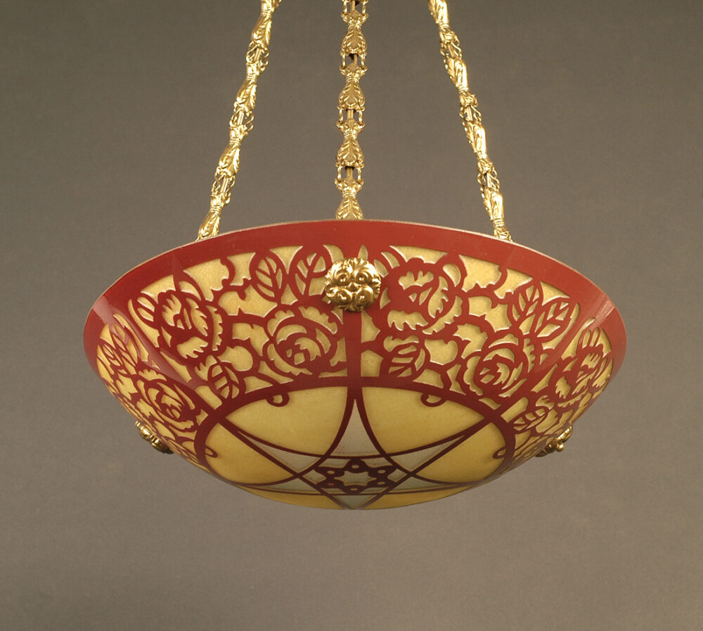 SUSPENSION VASQUE ART DÉCO BRONZE, LAITON ET VERRE PEINT ÉMAILLÉ – Image 4